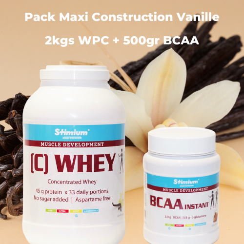 Pack Maxi Construction vanille avec WPC 80-81% et BCAA avec glutamine pour developpement musculaire