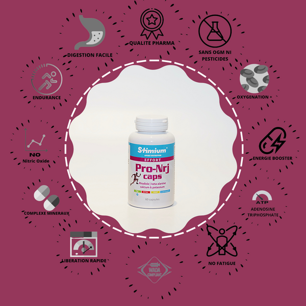 Stimium Pro Nrj Caps Vitalite et force avec Beta Alanine, Rhodiola, ginseng, cafeine, taurine - endurance, production de NO monoxyde d'azote, synthese d'ATP Adenosine triphosphate