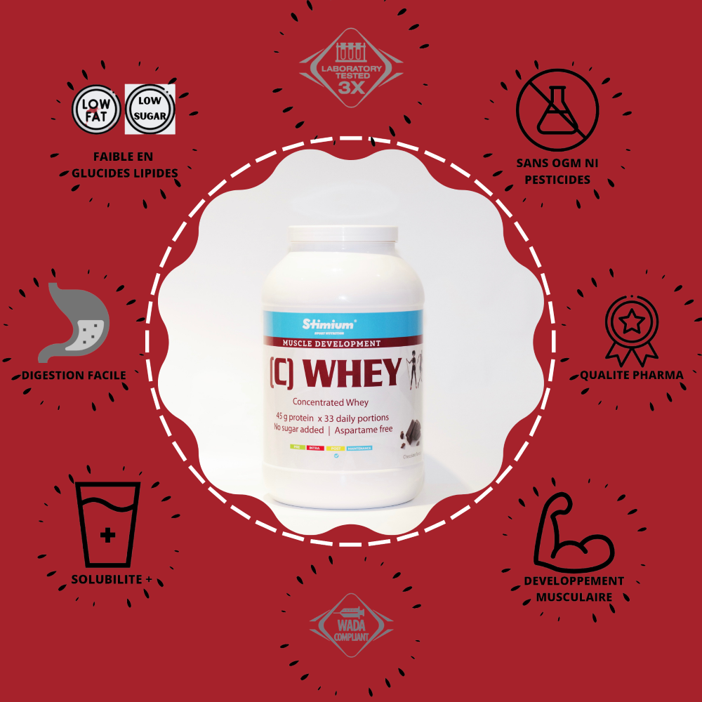 Stimium C Whey Chocolat 2kg de proteine concentree WPC a 80% 81% pour construction musculaire et recuperation optimisee avec une parfaite solubilite sans grumeaux dans le shaker avec du vrai chocolat