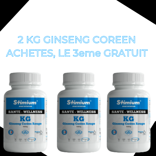 Pack de 3 Stimium KG Ginseng 500mg pour le prix de 2 seulement, plante adaptogène pour le stress, l’énergie, le mental dans un seul produit. Permet de protéger son immunite face aux infections, aide à garder un mental fort, aide à éliminer l’acide lactique pour une meilleure récupération, permet de protéger les fonctions respiratoires, lutte contre l’inflammation et le stress oxydatif et augmente la production de monoxyde d’azote (oxyde nitrique - NO)