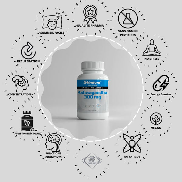 STIMIUM Ashwagandha ou Ashwaganda, plante adaptogène pour le plus puissant antistress naturel avec effet sur le stress oxydatif sur notre cerveau, améliorant les capacités cognitives, effet anti-inflammatoire sur les douleurs articulaires, propriétés antioxydantes extraordinaires améliorant l'élimination des radicaux libres dans l'organisme, redonne de l'énergie physique et aide à maintenir une résistance physique optimale, améliore l’endurance et la résistance, principalement sur les efforts longs