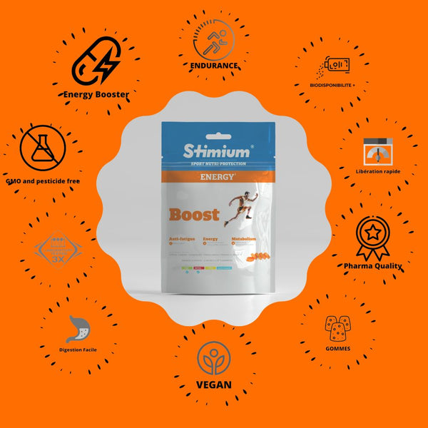 Stimium Boost Les gommes d’effort anti coupe de pompe pour une énergie immédiate et instantanée sans mal de vente, avec Maltodextrine,  L-arginine, Caféine, Coenzyme Q10, Vitamines A, B6, B8, B9, B12, C, D et E