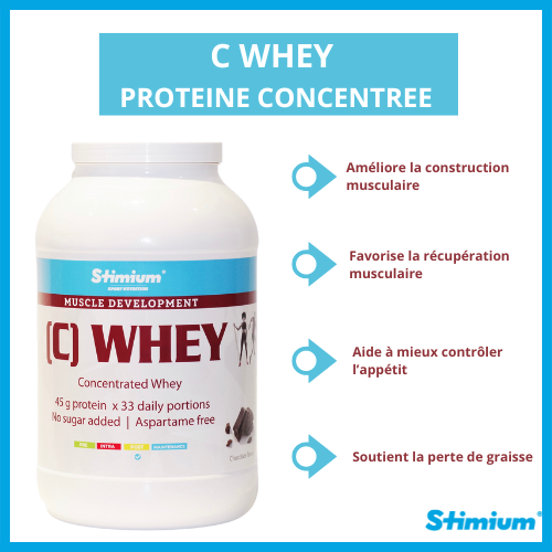Stimium C Whey Chocolat 2kg de proteine concentree WPC a 80% 81% pour construction musculaire et recuperation optimisee avec une parfaite solubilite sans grumeaux dans le shaker avec du vrai chocolat