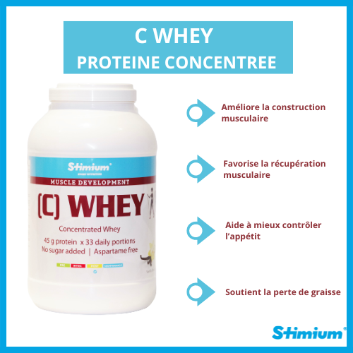Stimium C Whey Vanille 2kg de proteine concentree WPC a 80% 81% pour construction musculaire et recuperation optimisee avec une parfaite solubilite sans grumeaux dans le shaker