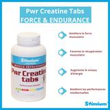 Stimium Pwr Creatine tabs pour augmenter ses performances, le travail effectué pendant l’effort, la production d’ATP et augmenter sa masse musculaire tout en améliorant sa récupération, et en permettant une plus grande tolérance à l’entraînement.