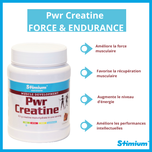 Stimium Pwr Creatine pour augmenter ses performances, le travail effectué pendant l’effort, la production d’ATP et augmenter sa masse musculaire tout en améliorant sa récupération, et en permettant une plus grande tolérance à l’entraînement.
