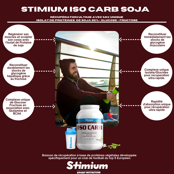 Iso Carb Soja Vanille - Boisson de recuperation developpee pour le plus grand club professionnel francais  le PSG a base de proteine isolate de soja concentree a 95% et glucides glucose fructose