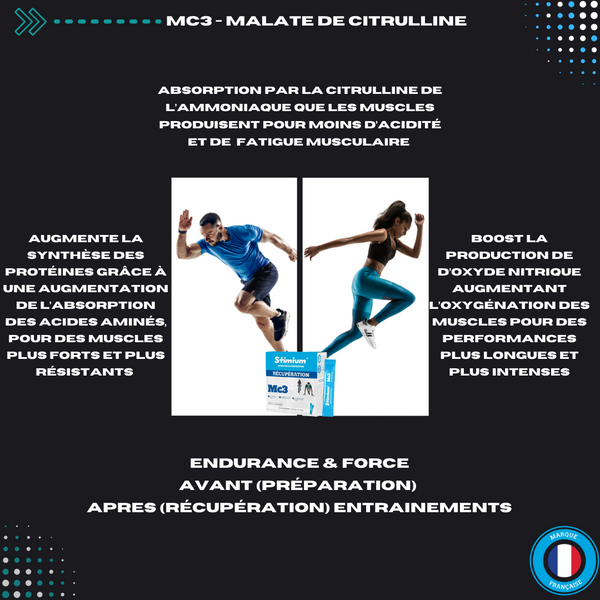 Stimium® Mc3 le stick gel sans sucre numéro 1 en France dans les sports d’endurance pour la récupération avec un complexe unique de malate de citrulline et magnésium pour réduire la fatigue musculaire, soulager les crampes et augmenter la production d’ATP et l’oxygène dans les muscles. A prendre en récupération mais aussi en préparation ou même pendant l’effort
