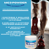 MC3 Powder, combinaison unique de citrulline, de malade de citrulline et de maltodextrine pour plus de force, une meilleure récupération et gestion de la fatigue, Réduit la fatigue musculaire, soulage les crampes, effet vasodilatateur sanguin et augmente la disponibilité de l’ATP, le carburant des muscles
