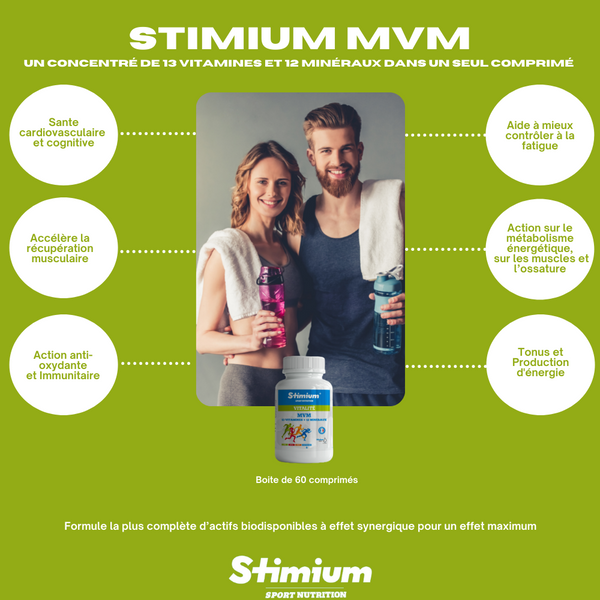 Stimium® MVM, le produit multivitaminé associant 13 vitamines et 12 minéraux pour plus d’énergie et une protection de l’immunité, avant un effort physique intense et long, en cas de fatigue passagère et besoin d’un coup de fouet, pour mieux affronter de longues journées ou en période d’examen ou de concentration intense. A prendre en cure le matin pour être en forme toute la journée