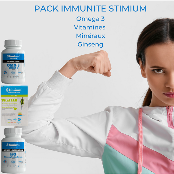Stimium immunité, pack de 3 produits avec Giinseng, Omega et Vital LLR pour combattre les infections hivernales et entrainer son immunité comme on entraine son corps
