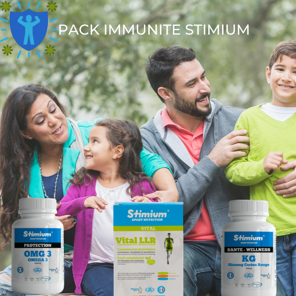 Stimium immunité, pack de 3 produits avec Giinseng, Omega et Vital LLR pour combattre les infections hivernales et entrainer son immunité comme on entraine son corps