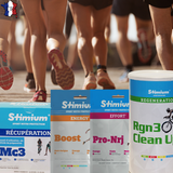Pack marathon Stimium pour faire les 42km avec plaisir et aller chercher la performance avec le stick MC3 de préparatione et récupération, les gommes Boost et ProNrj pour énergie immédiate et réduction de la fatigue, et la boisson d'effort isotonique RGN3 Reload pour se recharger en vitamines