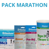 Pack marathon Stimium pour faire les 42km avec plaisir et aller chercher la performance avec le stick MC3 de préparatione et récupération, les gommes Boost et ProNrj pour énergie immédiate et réduction de la fatigue, et la boisson d'effort isotonique RGN3 Reload pour se recharger en vitamines