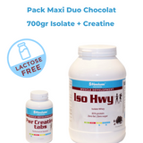 Pack Maxi Duo Construction musculaire Proteine isolate chocolat et creatine 1gr en comprimé pour plus de performance, de force et meilleure récupération