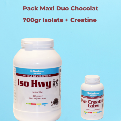 Pack Maxi Duo Construction musculaire Proteine isolate chocolat et creatine 1gr en comprimé pour plus de performance, de force et meilleure récupération