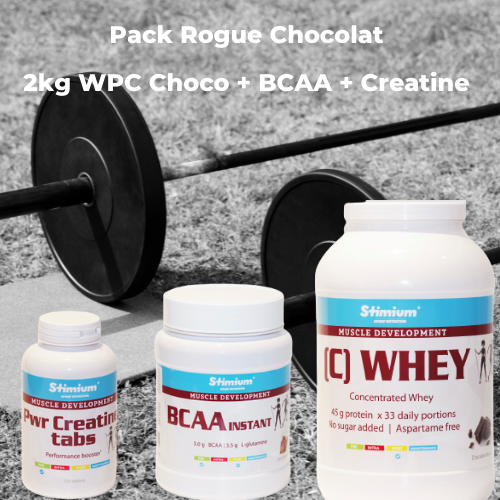 Pack Rogue WPC 2kg Chocolat 81% avec BCAA et Glutamine et créatine comprimé 1gr pour construction musculaire, plus de force et plus de performances