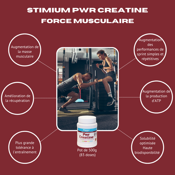 Stimium® Pwr Creatine  pour augmenter ses performances, le travail effectué pendant l’effort, la production d’ATP et augmenter sa masse musculaire tout en améliorant sa récupération, et en permettant une plus grande tolérance à l’entraînement.