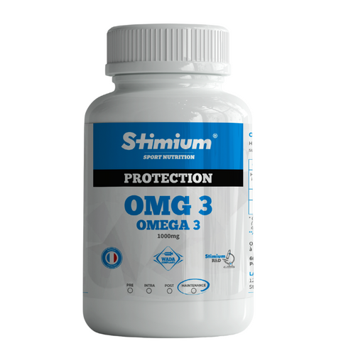 Stimium OMG, 100mg d’Omega 3 concentrés en EPA et DHA pour un double bénéfice psychologiques et physiologiques, permet une diminution des triglycérides dans le sang, une amélioration de la pression artérielle, aide au fonctionnement du cerveau (concentration, mémoire), aide à gagner du muscle, réduit le risque d'obésité en brûlant les graisses avec meilleure sensibilité aux glucides, réduit l'inconfort articulaire, améliore la qualité de la peau et permet de protéger les cellules contre le stress oxydatif.