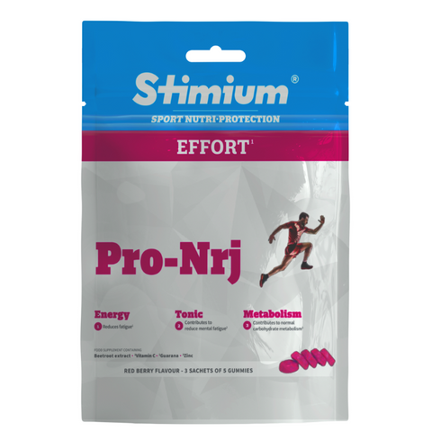Stimium Pro Nrj, Gommes d’effort pour les sportifs d’endurance et de cardio, sur de longues durées, avec vitamine C, guarana, jus de betterave, maltodextrine et zinc. Energie immédiate sans maux de ventre, mieux et que les gels et solution pour remplacer les gels