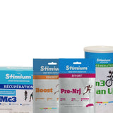 Pack marathon Stimium pour faire les 42km avec plaisir et aller chercher la performance avec le stick MC3 de préparatione et récupération, les gommes Boost et ProNrj pour énergie immédiate et réduction de la fatigue, et la boisson d'effort isotonique RGN3 Reload pour se recharger en vitamines