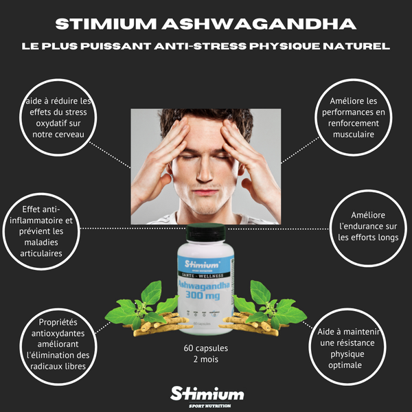STIMIUM Ashwagandha ou Ashwaganda, plante adaptogène pour le plus puissant antistress naturel avec effet sur le stress oxydatif sur notre cerveau, améliorant les capacités cognitives, effet anti-inflammatoire sur les douleurs articulaires, propriétés antioxydantes extraordinaires améliorant l'élimination des radicaux libres dans l'organisme, redonne de l'énergie physique et aide à maintenir une résistance physique optimale, améliore l’endurance et la résistance, principalement sur les efforts longs