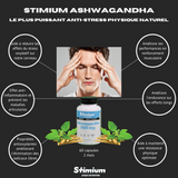 STIMIUM Ashwagandha ou Ashwaganda, plante adaptogène pour le plus puissant antistress naturel avec effet sur le stress oxydatif sur notre cerveau, améliorant les capacités cognitives, effet anti-inflammatoire sur les douleurs articulaires, propriétés antioxydantes extraordinaires améliorant l'élimination des radicaux libres dans l'organisme, redonne de l'énergie physique et aide à maintenir une résistance physique optimale, améliore l’endurance et la résistance, principalement sur les efforts longs