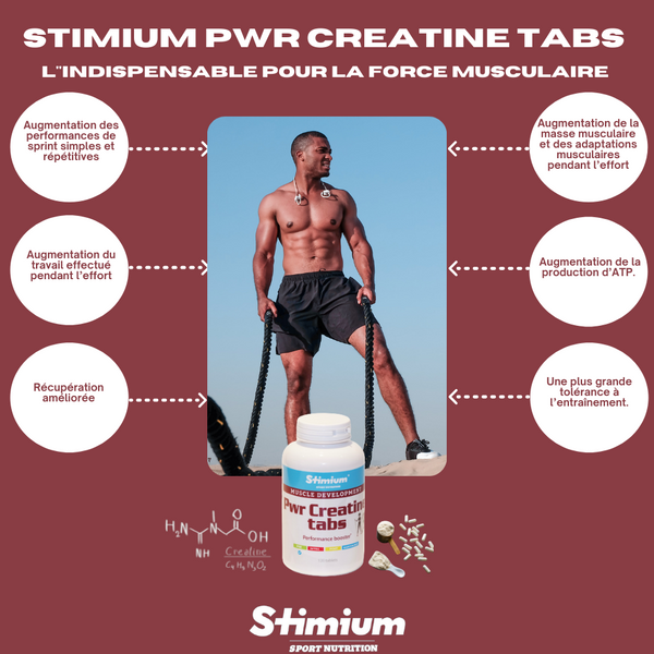 Stimium® Pwr Creatine tabs pour augmenter ses performances, le travail effectué pendant l’effort, la production d’ATP et augmenter sa masse musculaire tout en améliorant sa récupération, et en permettant une plus grande tolérance à l’entraînement.